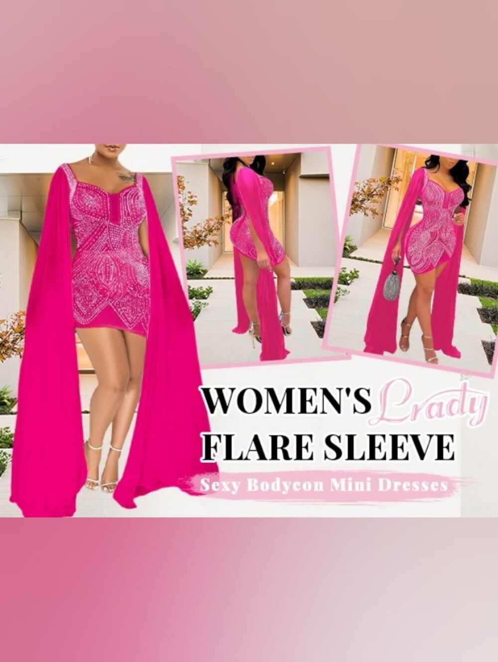 Women's Pink Flare Sleeve Bodycon Mini Dress